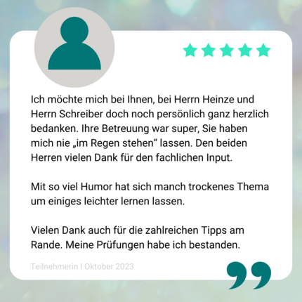 Feedback zum Geprüfte/r Fachmann/-frau für Versicherungsvermittlung Vorbereitung auf die IHK-Sachkundeprüfung gem. §34d GewO